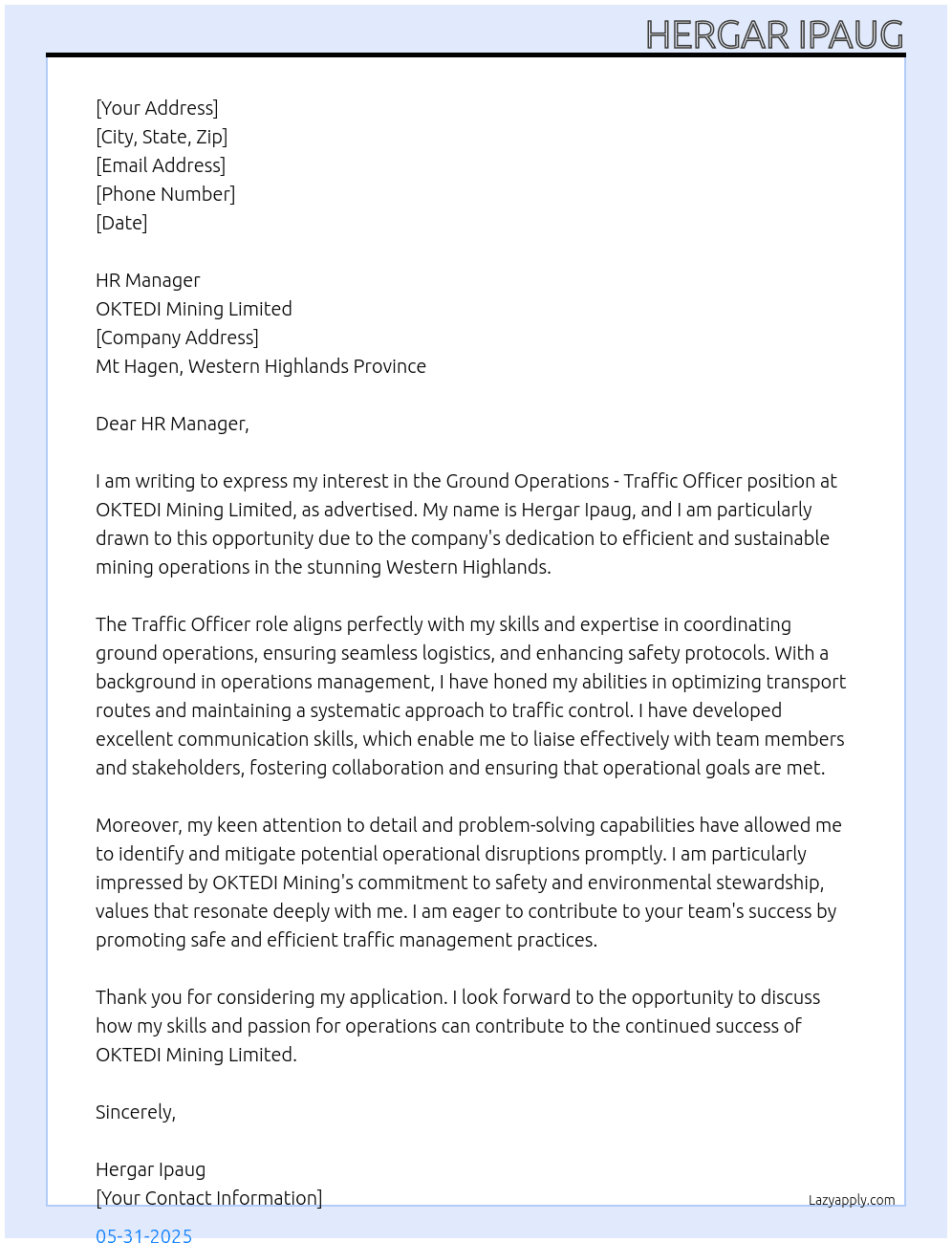Ground Operations -Traffic Officer At OKTEDI Mining Limited Cover Letter