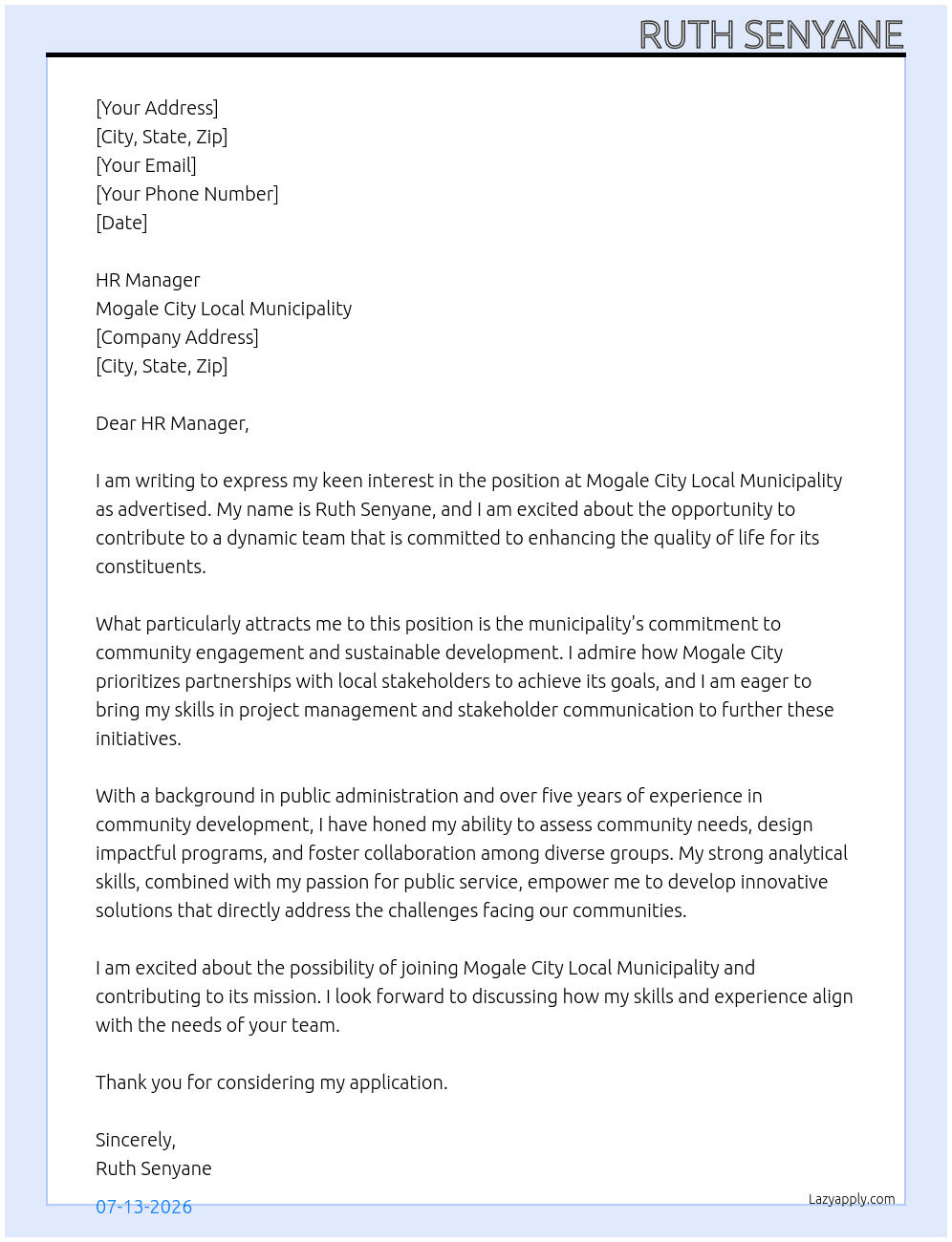 ruth senyane At Mogale city local municipality  Cover Letter