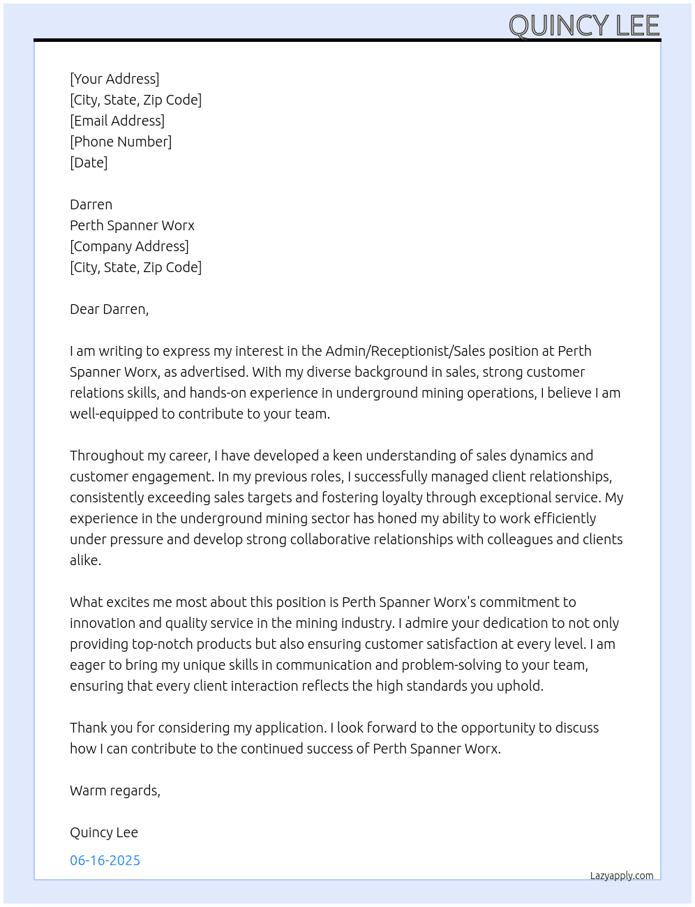 Cover letter for admin/ receptionist /sales - LazyApply