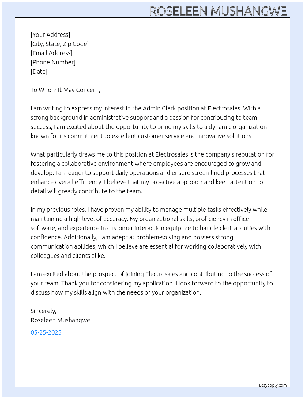 Admin clerk At Electrosales Cover Letter
