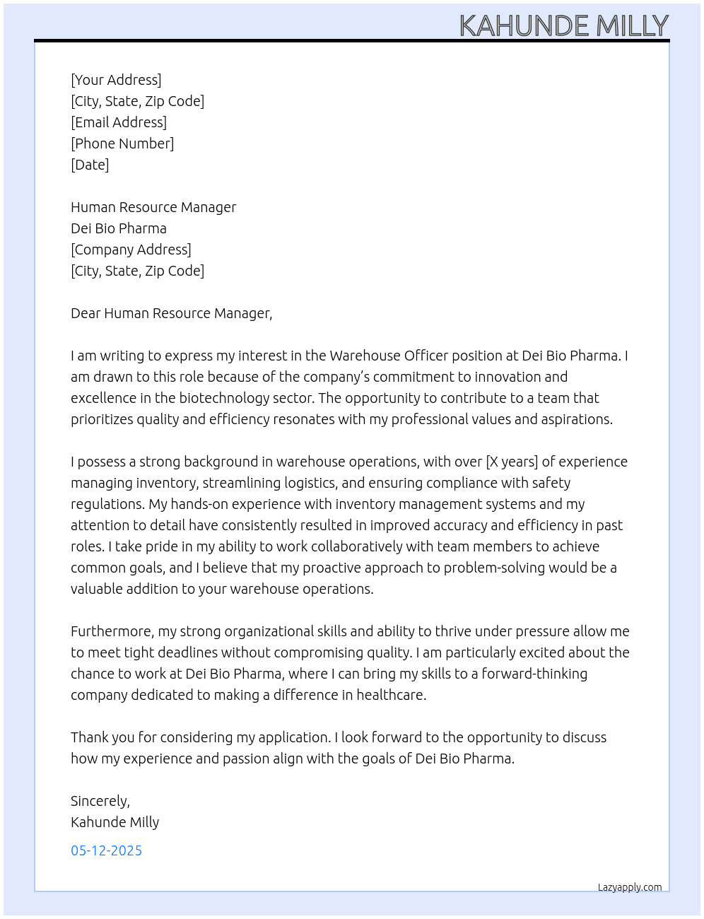 Warehouse officer At Dei bio pharma Cover Letter