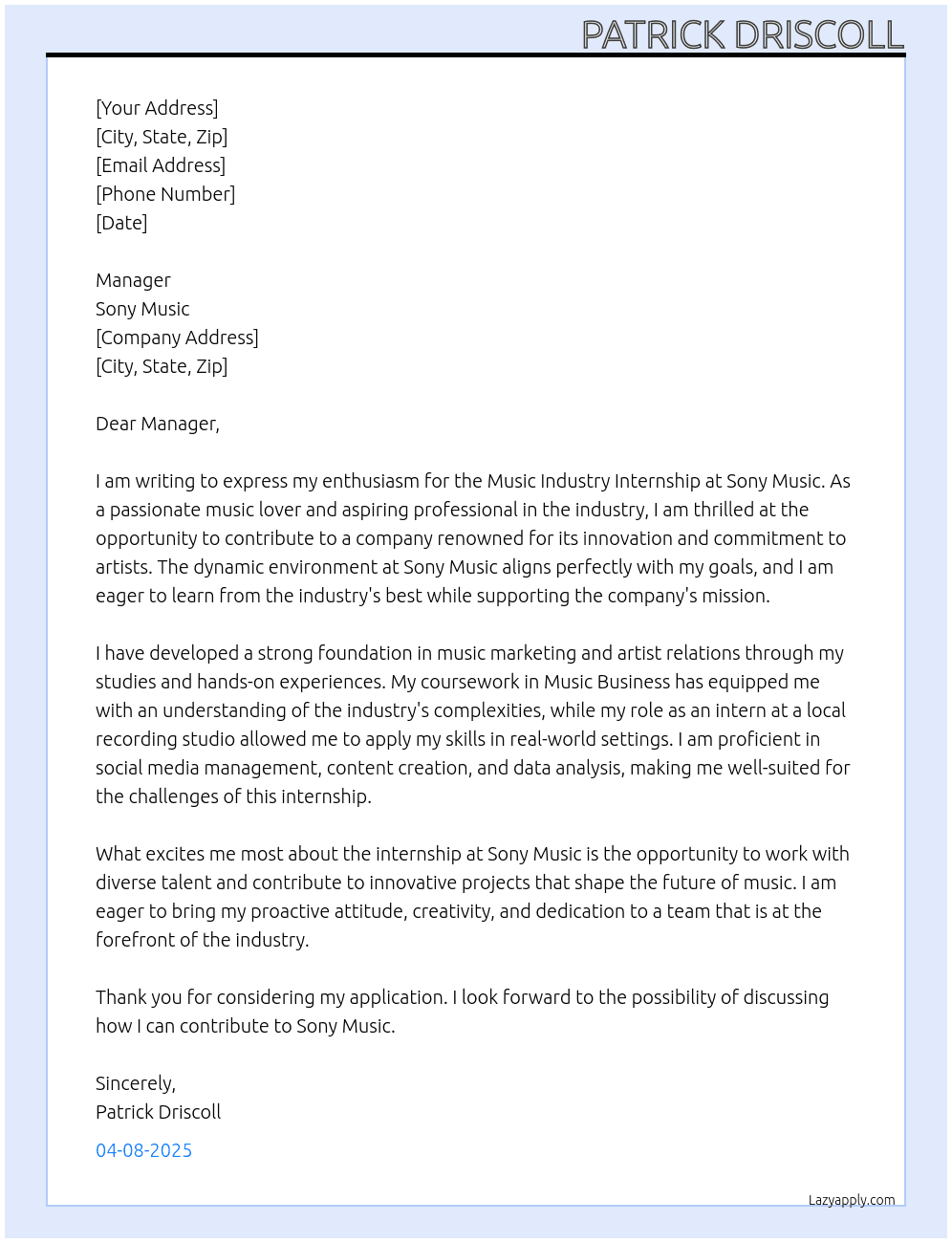 Music Industry Internship At Sony Music Cover Letter