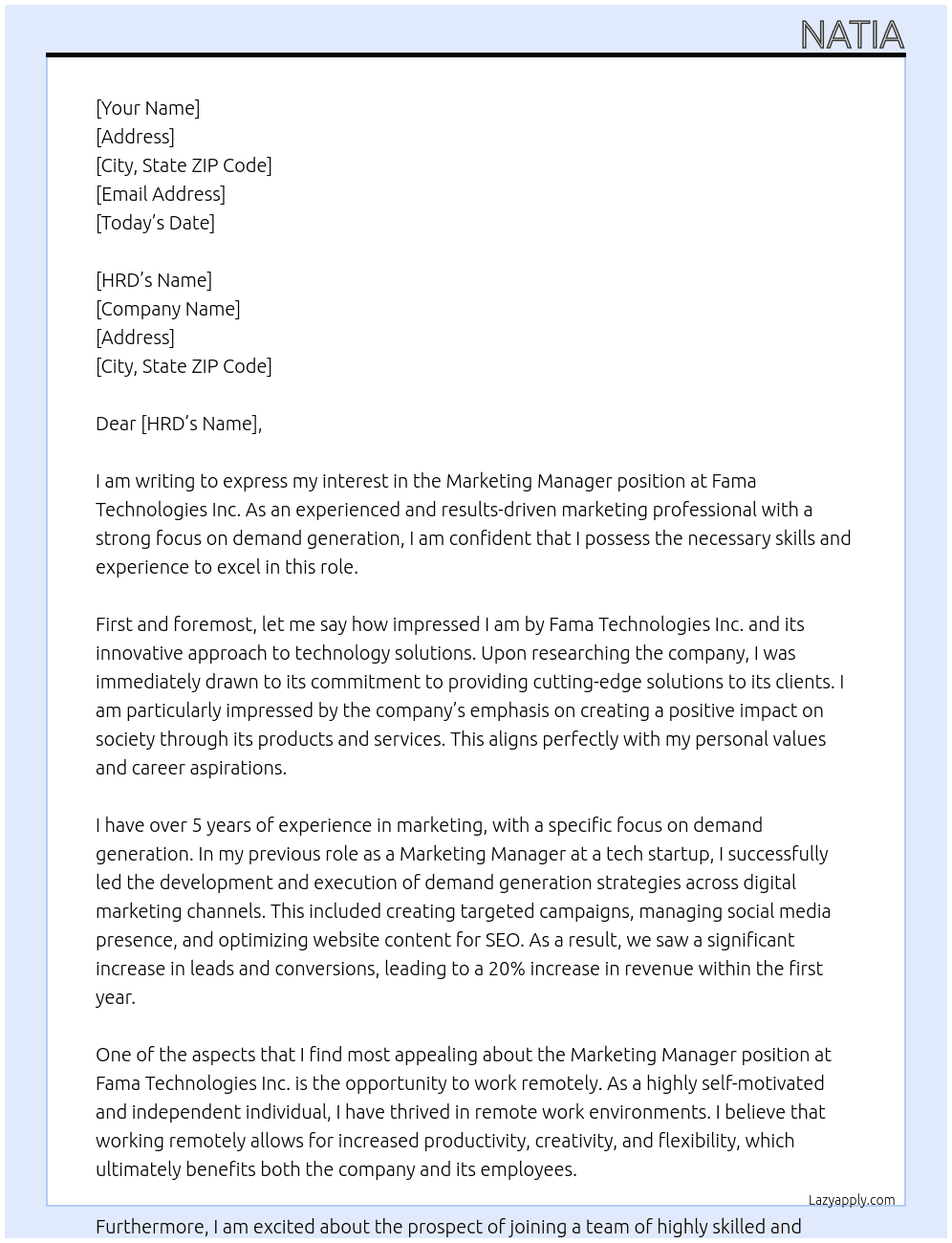Marketing Manager At Fama Technologies Inc. Cover Letter