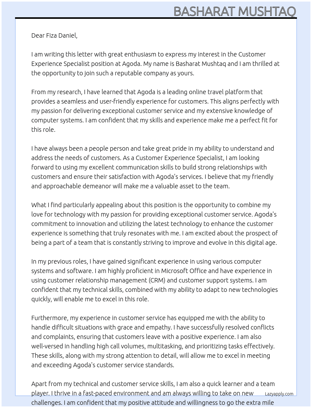 Costomer experience specialist  At Agoda  Cover Letter