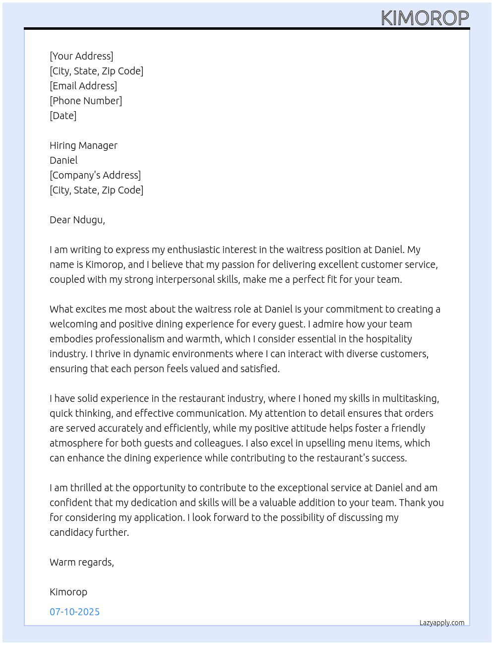 waitress At daniel Cover Letter
