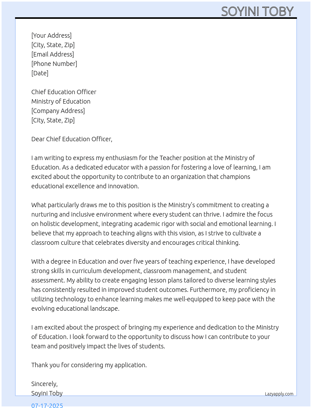 Tracher At Ministry of education  Cover Letter