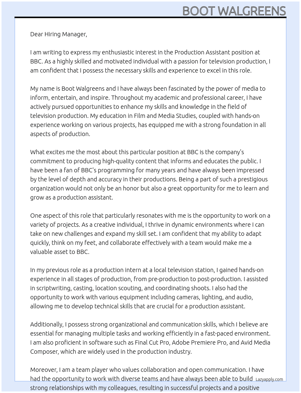 Production assistant At BBC Cover Letter