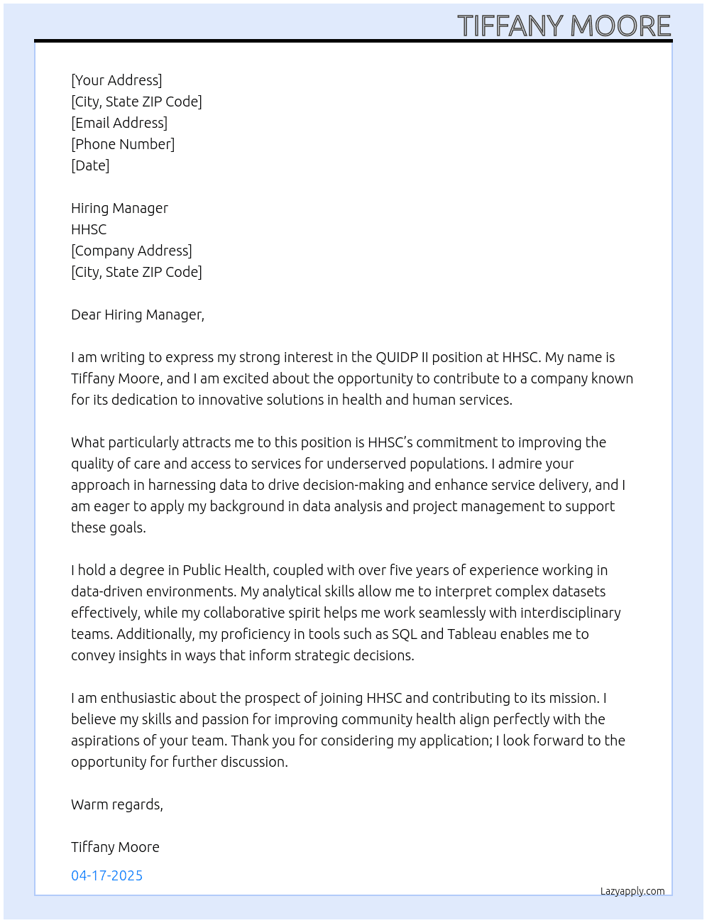 QUIDP II At HHSC  Cover Letter