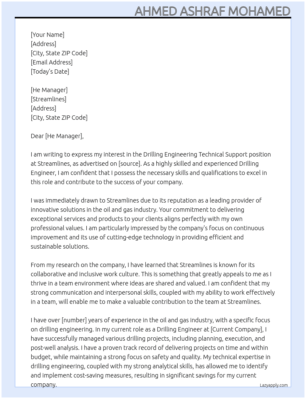 Drilling engineering technical support  At Streamlines Cover Letter