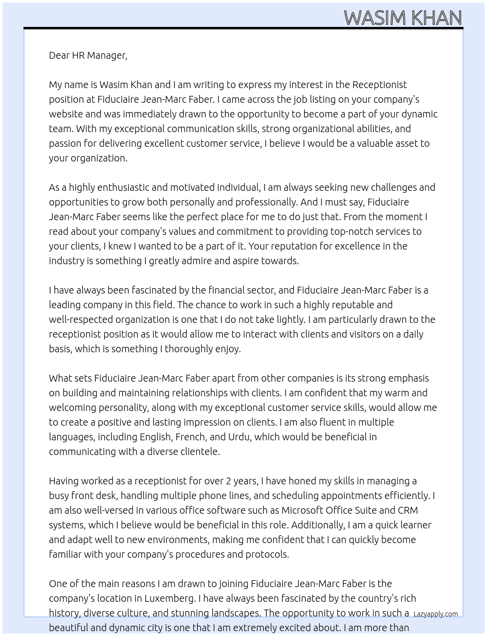 Receptionist  At Fiduciaire Jean-Marc Faber Cover Letter