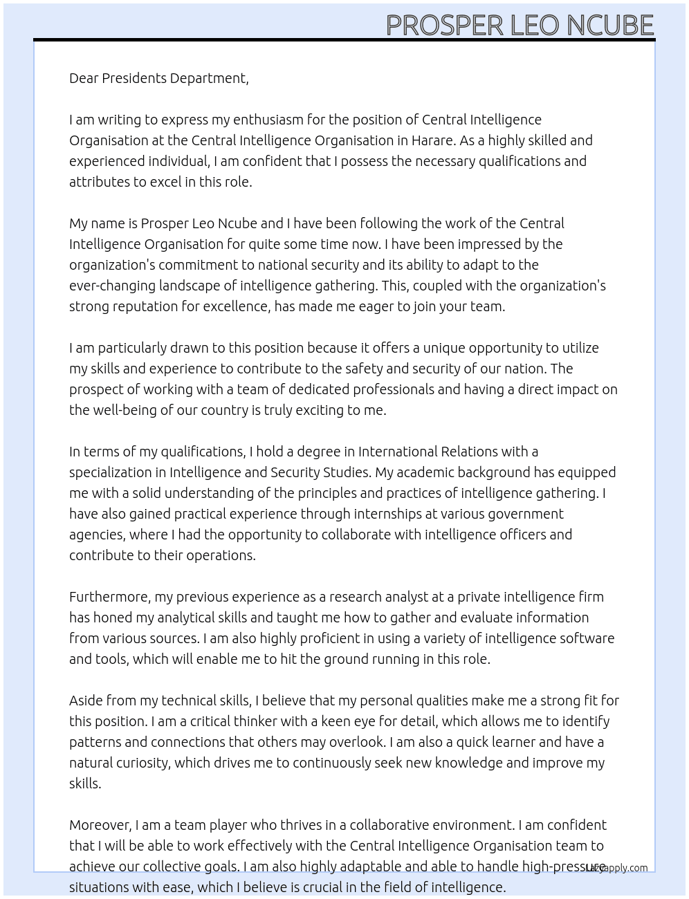 central intelligence organisation  At central intelligence organisation  Cover Letter