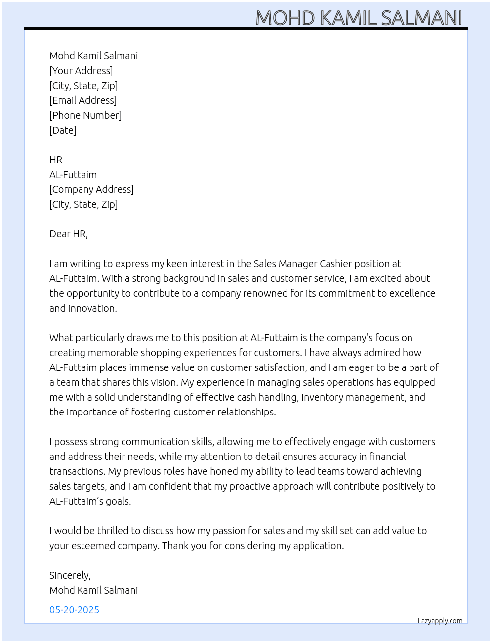 Sale manager cashier  At AL-Futtaim Cover Letter