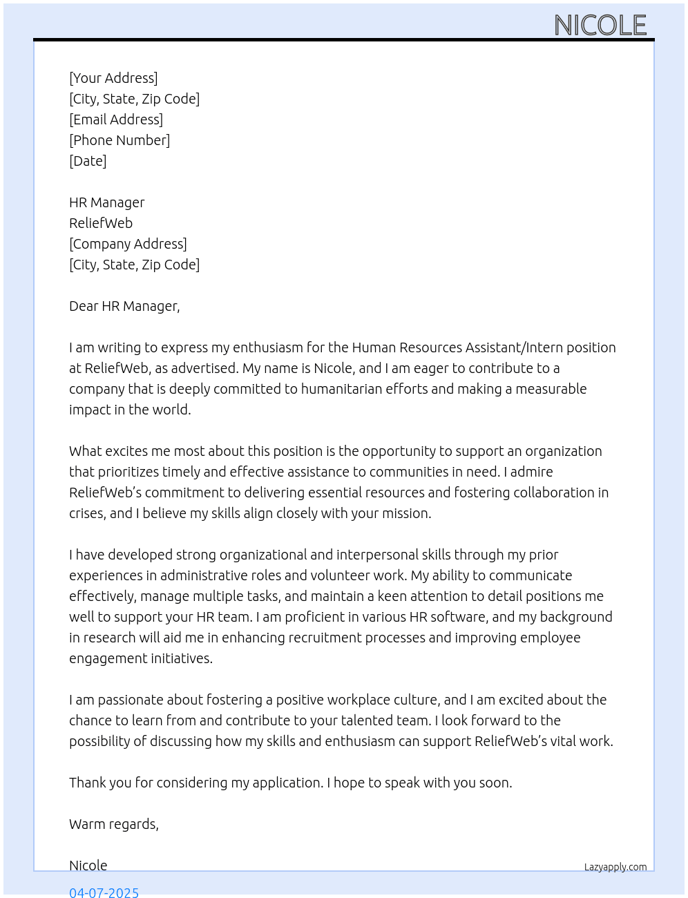 Human Resources assistant/intern At Reliefweb Cover Letter