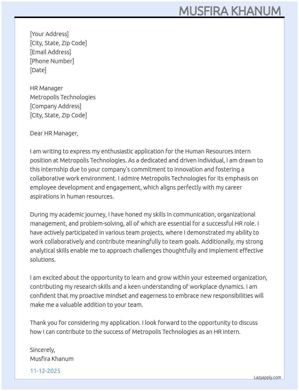 Human resources intern  At Metropolis Technologies Cover Letter
