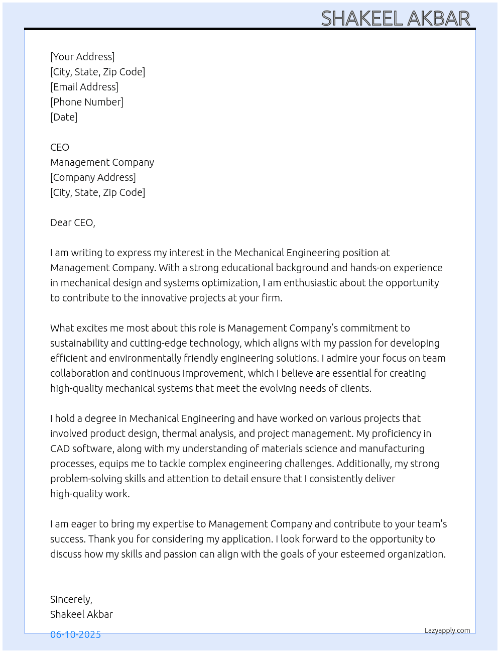 Cover letter for mechanical engerning - LazyApply