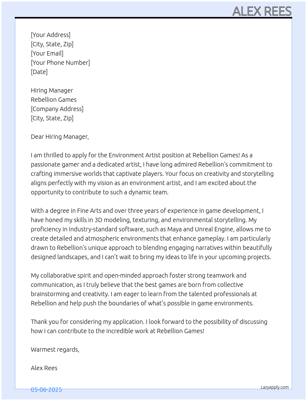 environment artist  At Rebellion games Cover Letter