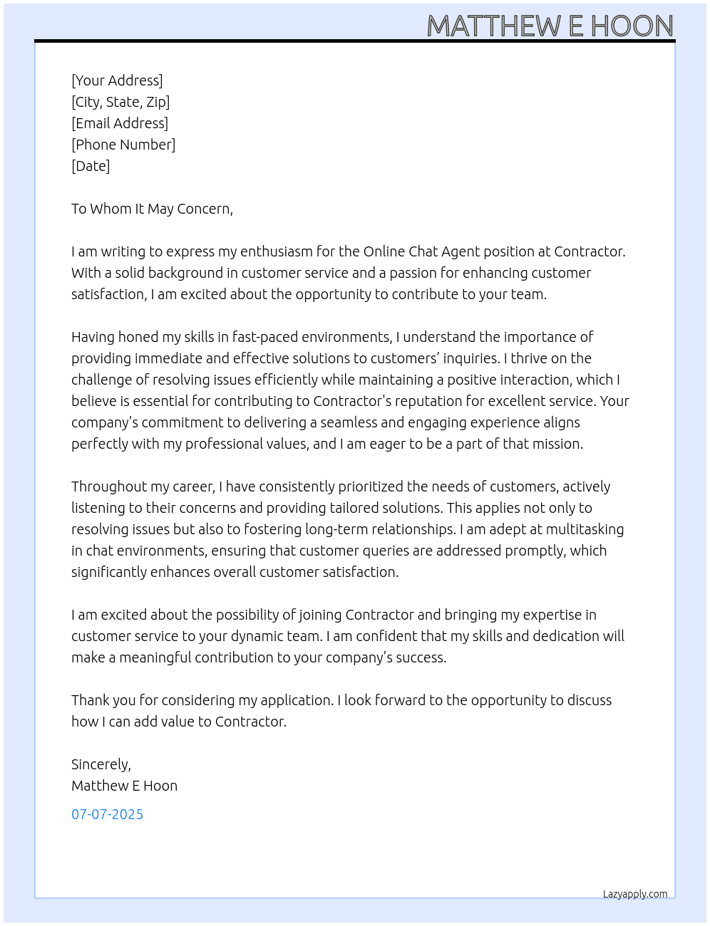 Online Chat Agent At Contractor Cover Letter