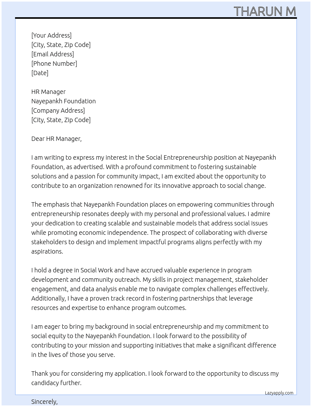 Cover letter for social entrepreneurship - LazyApply