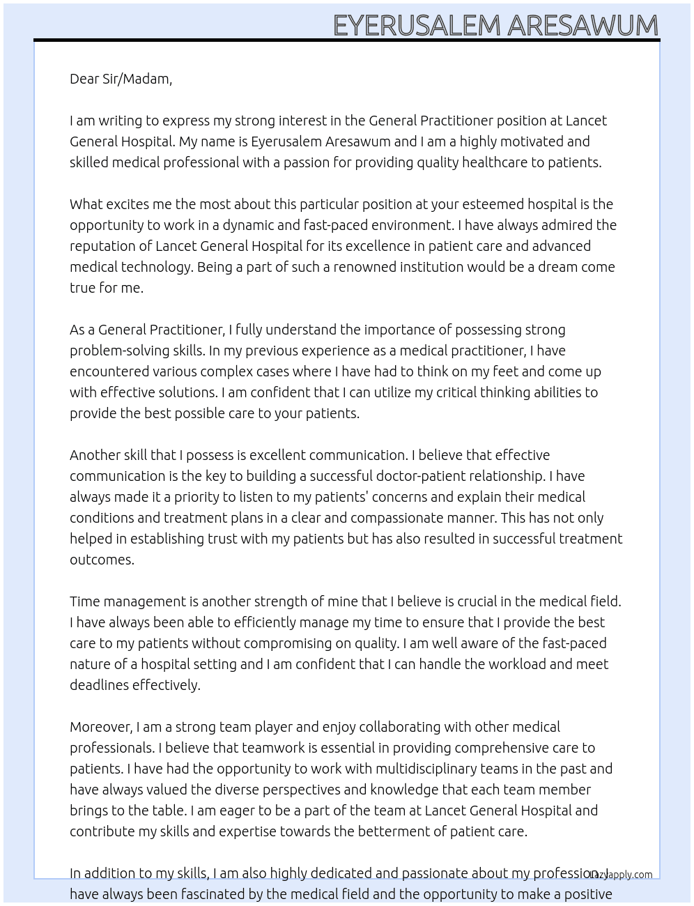 General Practitioner At Lancet General Hospital Cover Letter