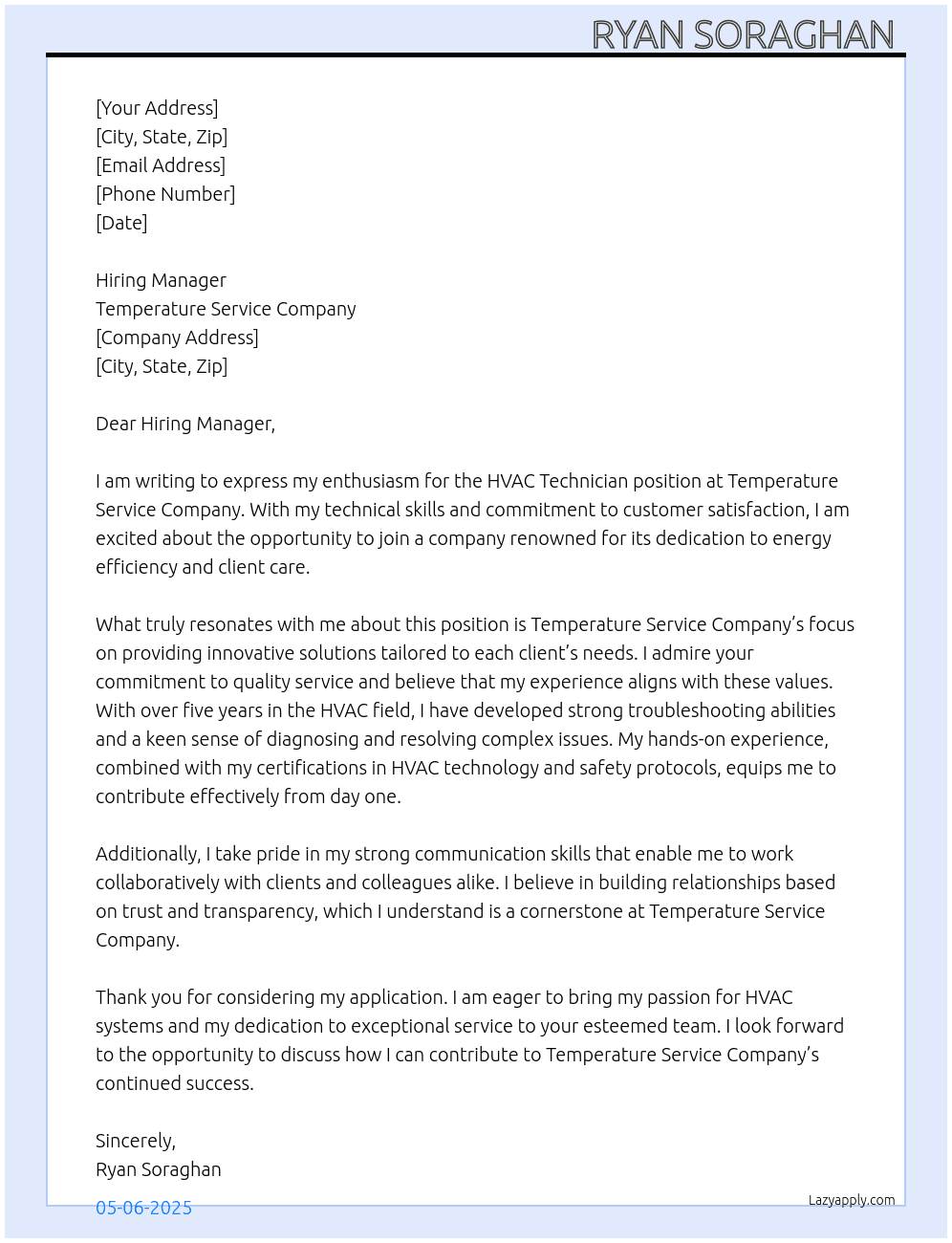 HVAC technician At Temperature Service Company  Cover Letter