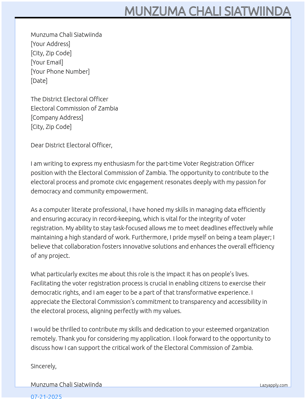 voter ragistration officer At Electoral Commission of Zambia Cover Letter