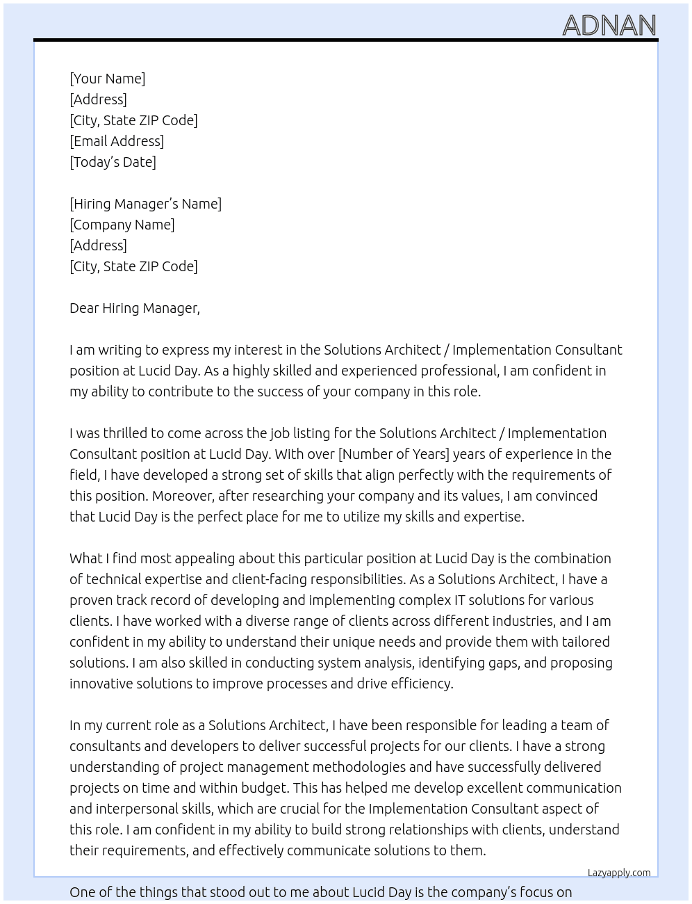 Solutions Architect / Implementation Consultant  At Lucid Day Cover Letter