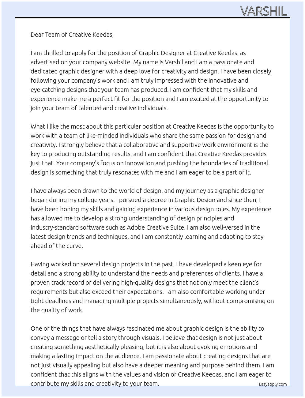 Graphic designer  At Creative keedas Cover Letter