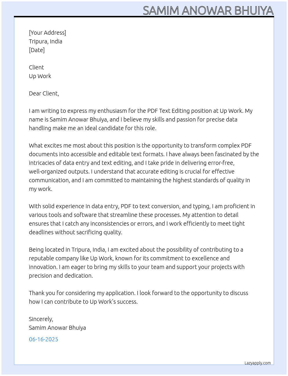 PDF Text Editing  At Up Work  Cover Letter