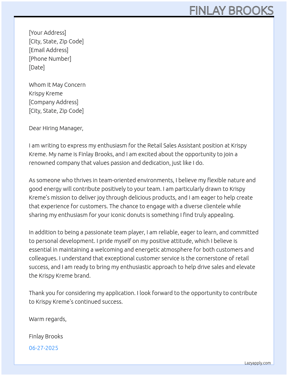 Retail Sales Assistant  At Krispy Kreme Cover Letter