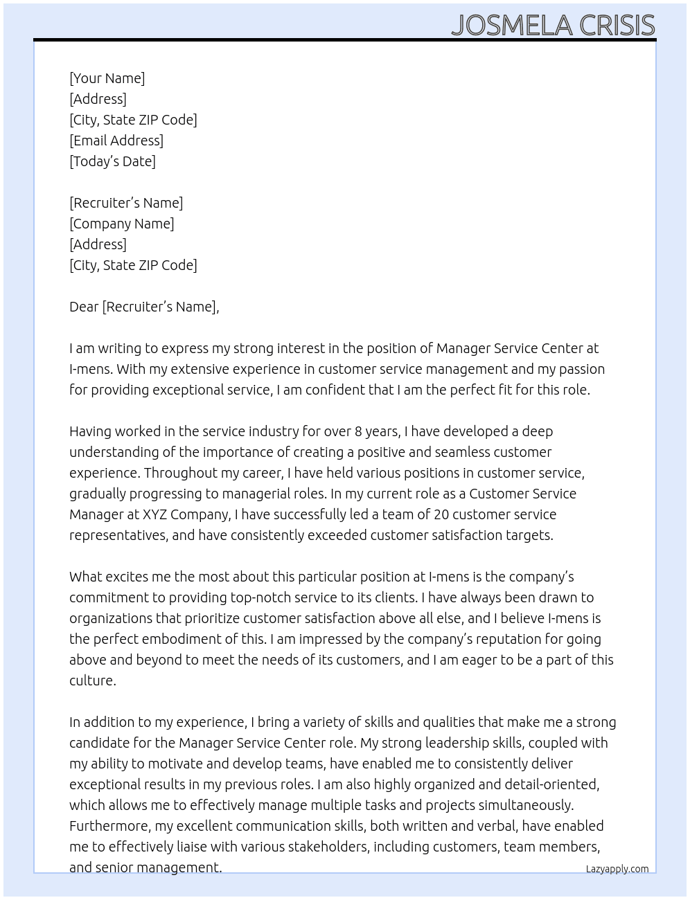 Manager Service Center At I-mens Cover Letter