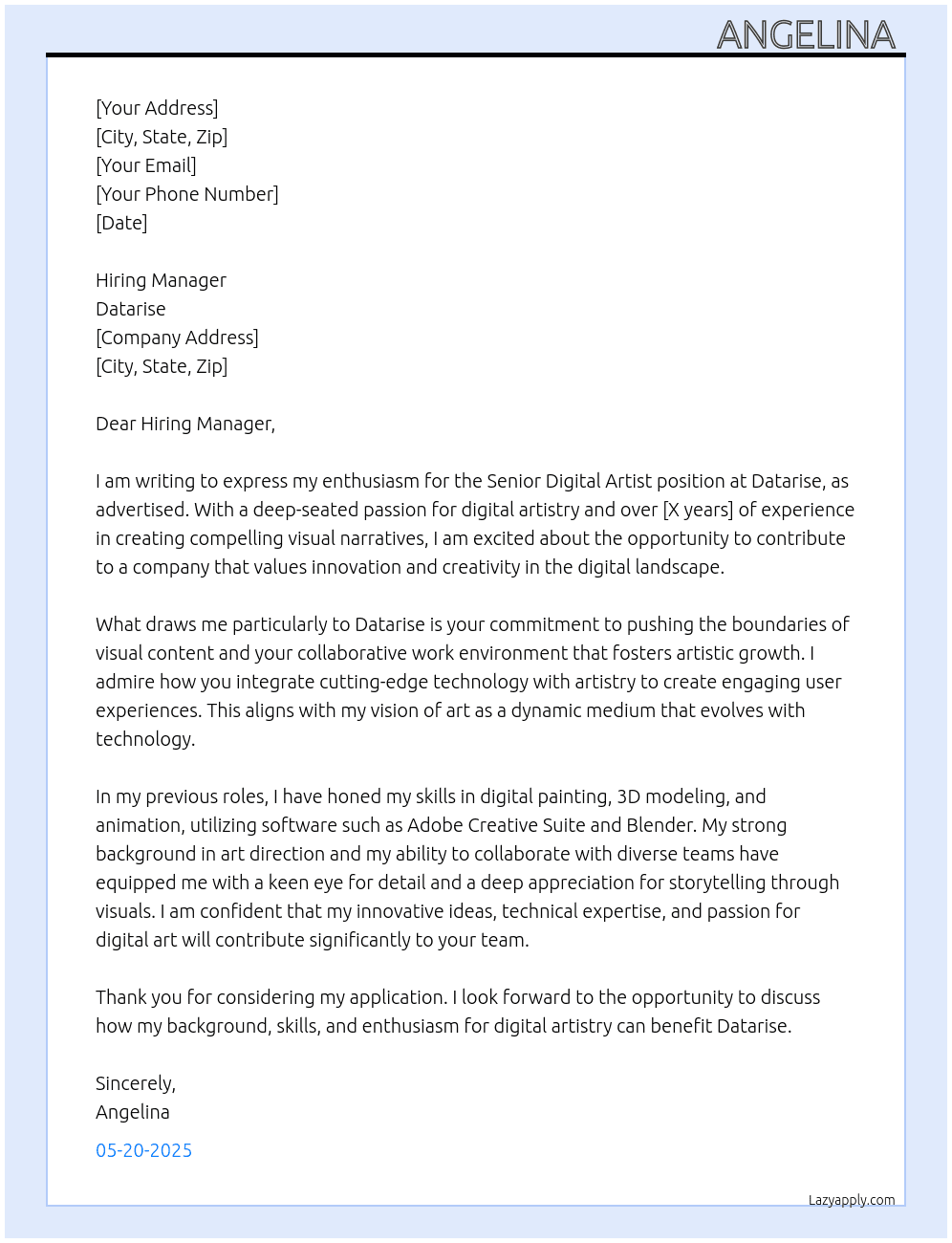 senior digital artist  At datarise  Cover Letter
