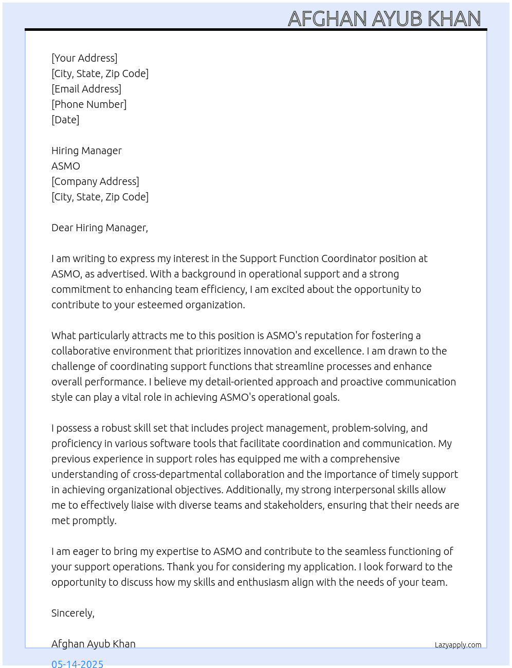 Support function co ordinator  At ASMO Cover Letter
