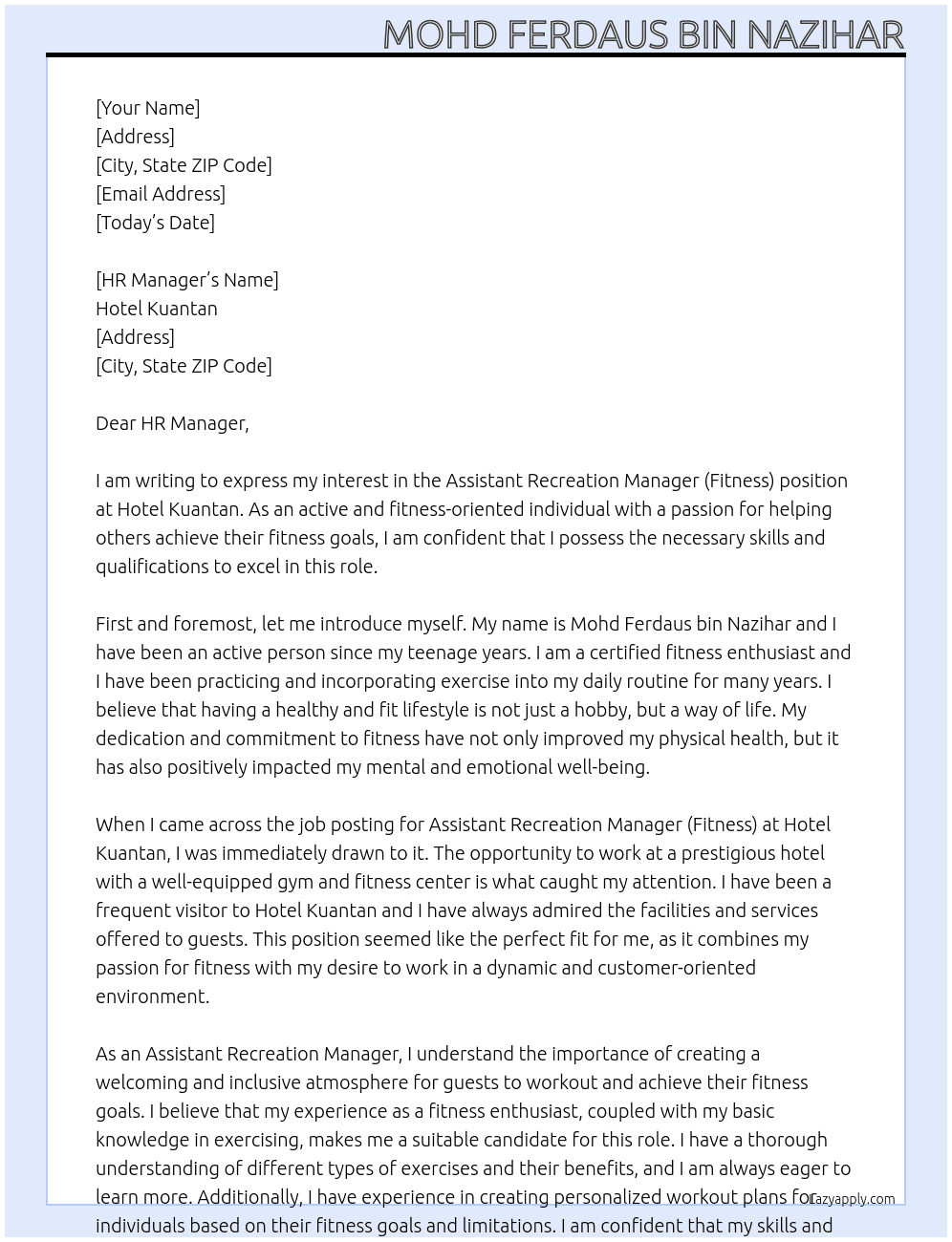 Assistant Recreation Manager (Fitness) At Hotel Kuantan Cover Letter