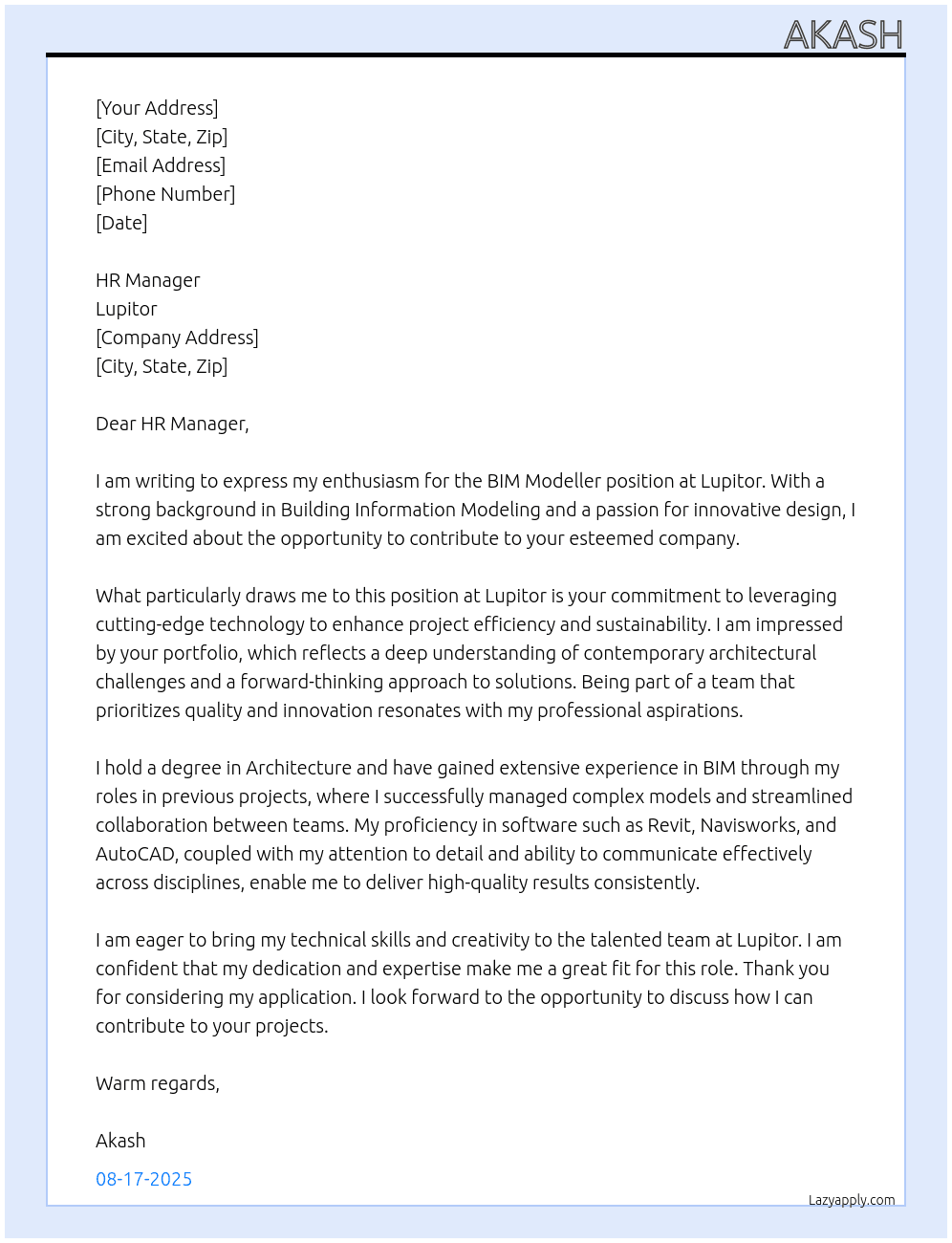 Bim moduler  At Lupitor  Cover Letter
