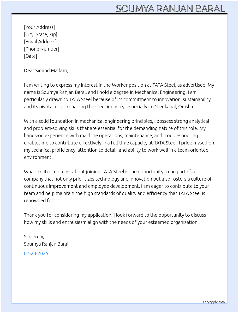 Worker  At TATA Steel  Cover Letter