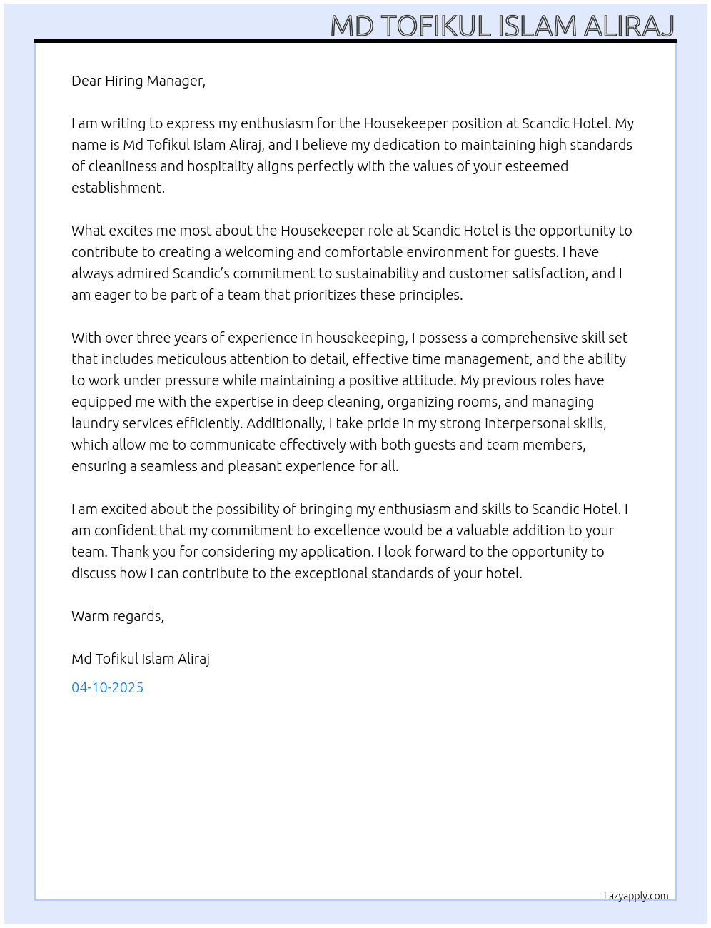 Housekeeper At Scandic Hotel Cover Letter