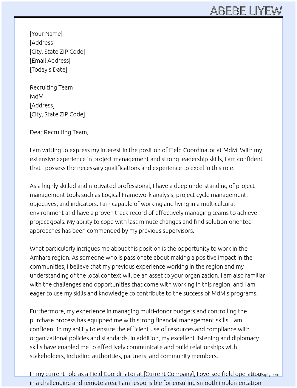 Field Coordinator At MdM Cover Letter