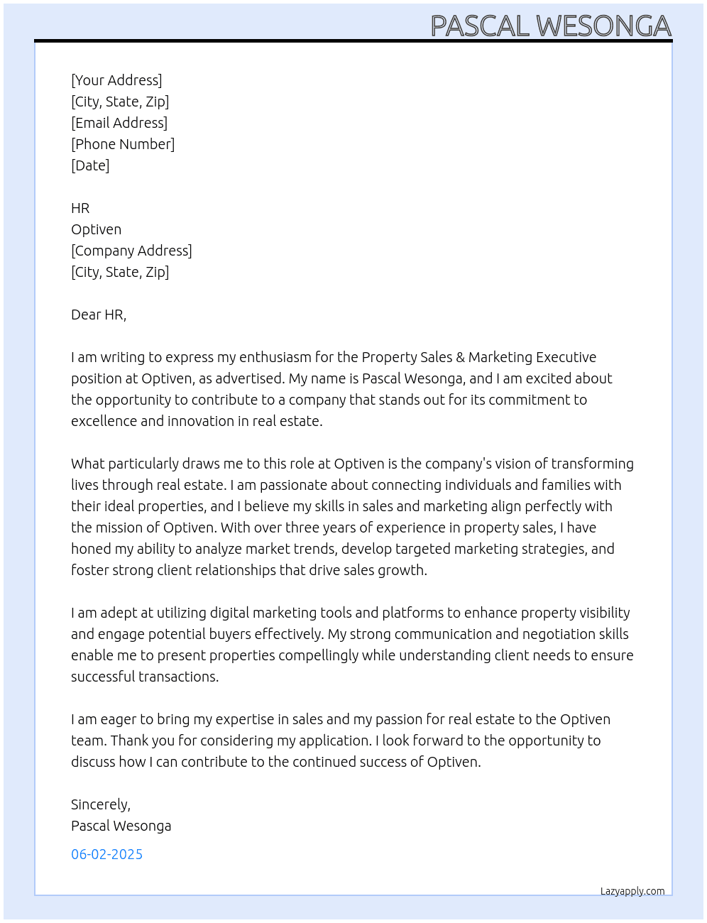 Property Sales & Marketing Executive  At Optiven Cover Letter