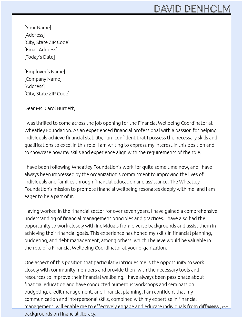 Financial wellbeing coordinator  At Wheatley Foundarion Cover Letter