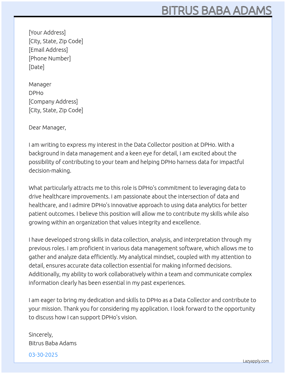 Data collector At DPHo Cover Letter