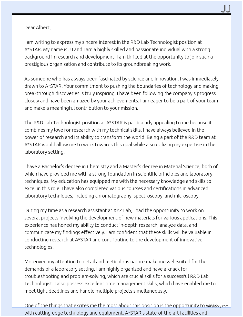 Cover letter for r&d lab technologist - LazyApply