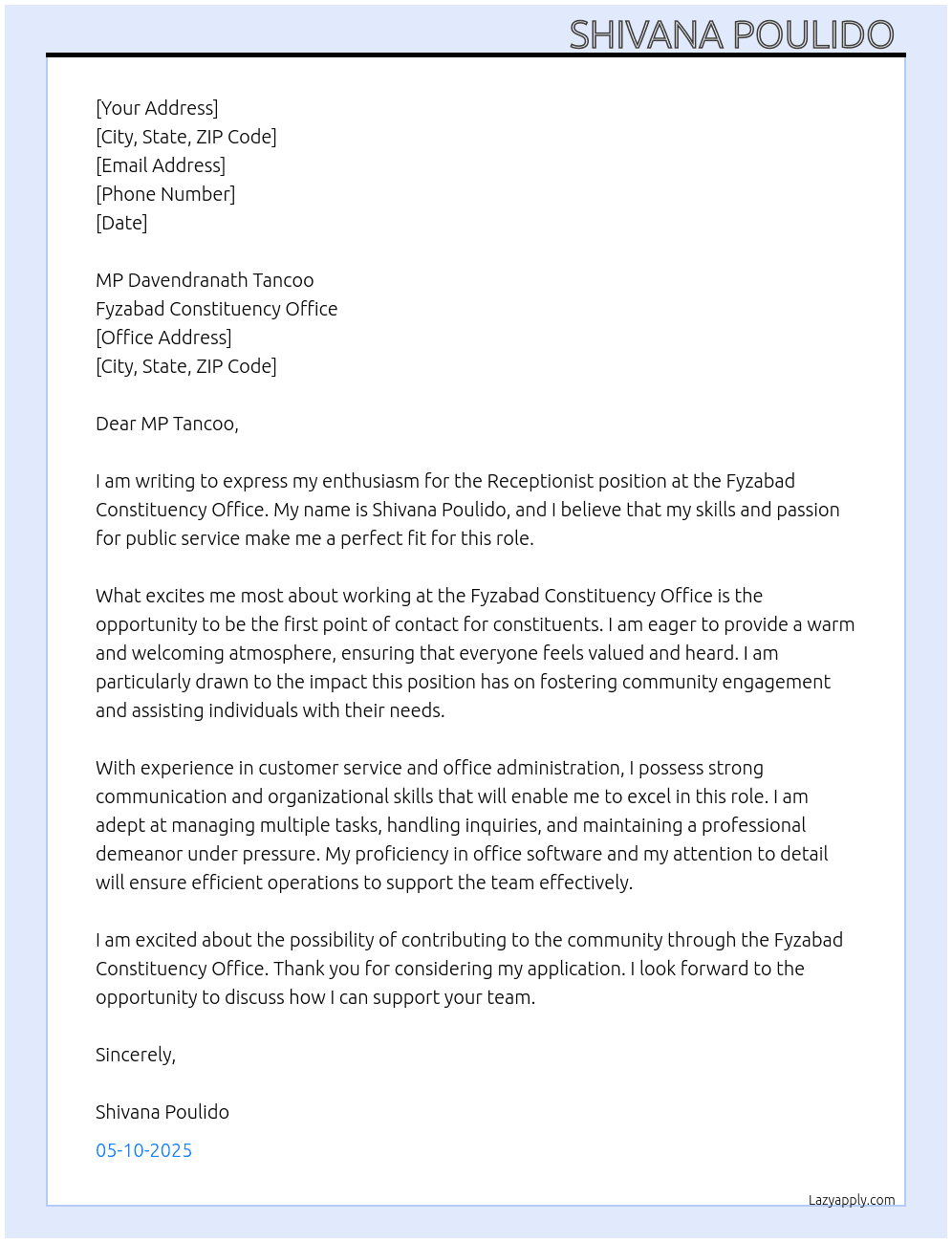 Receptionist  At Fyzabad Constituency Office  Cover Letter