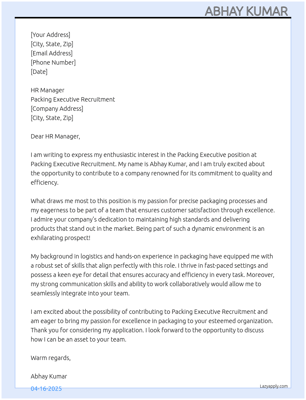 Packing executive  At Packing executive recuritment  Cover Letter