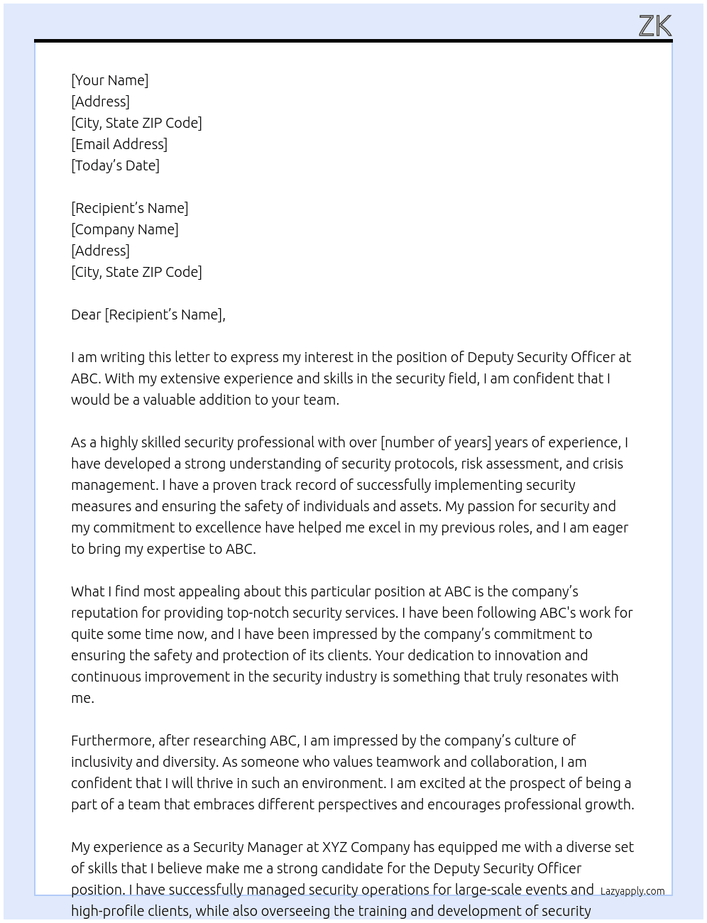 Cover letter for deputy security officer - LazyApply