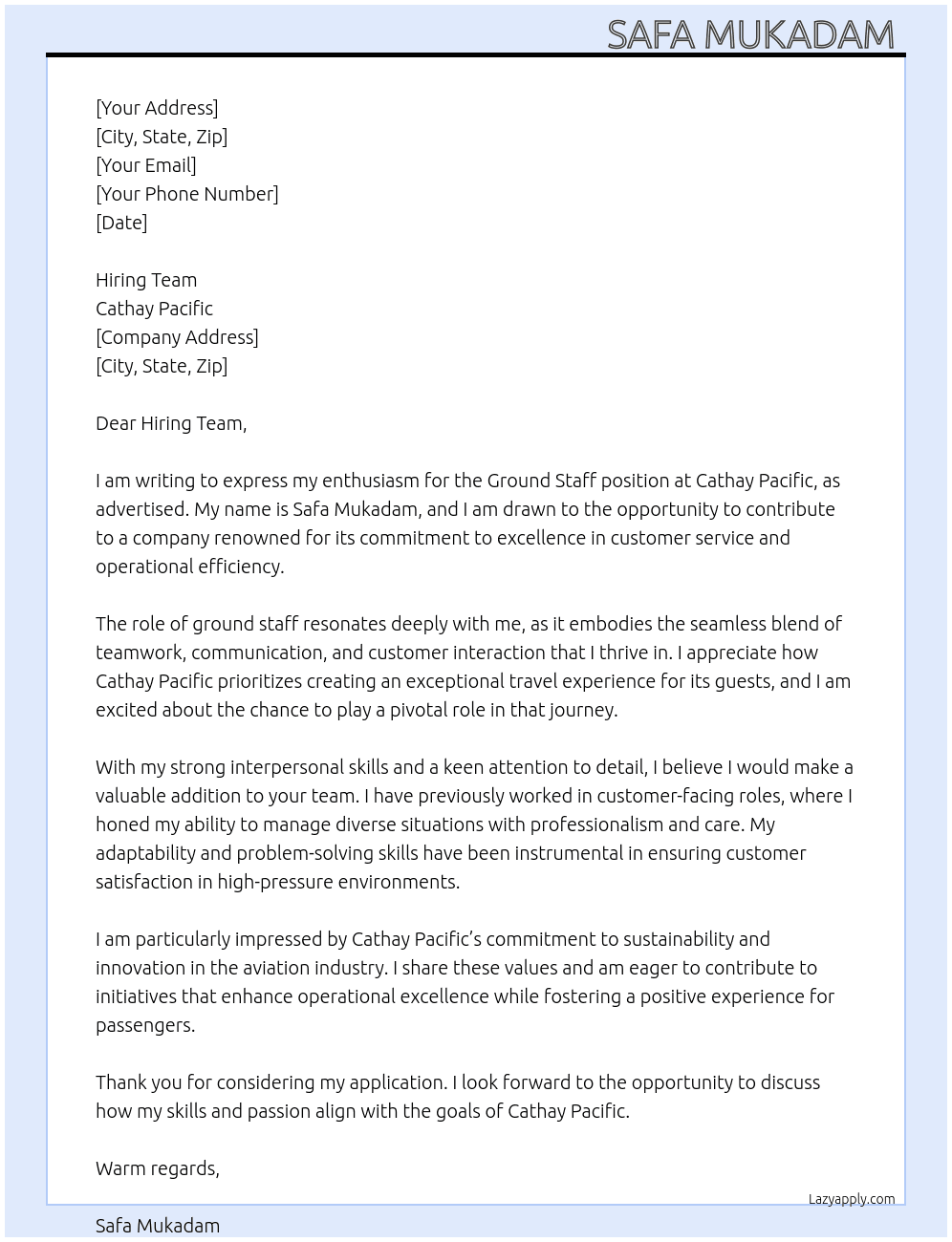 Ground staff  At Cathay pacific  Cover Letter