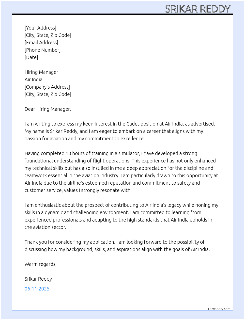 CADET  At Air India  Cover Letter