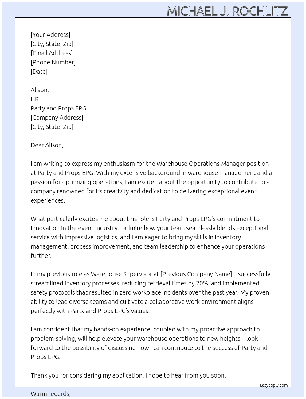 Warehouse operations manager  At Party and Props EPG Cover Letter