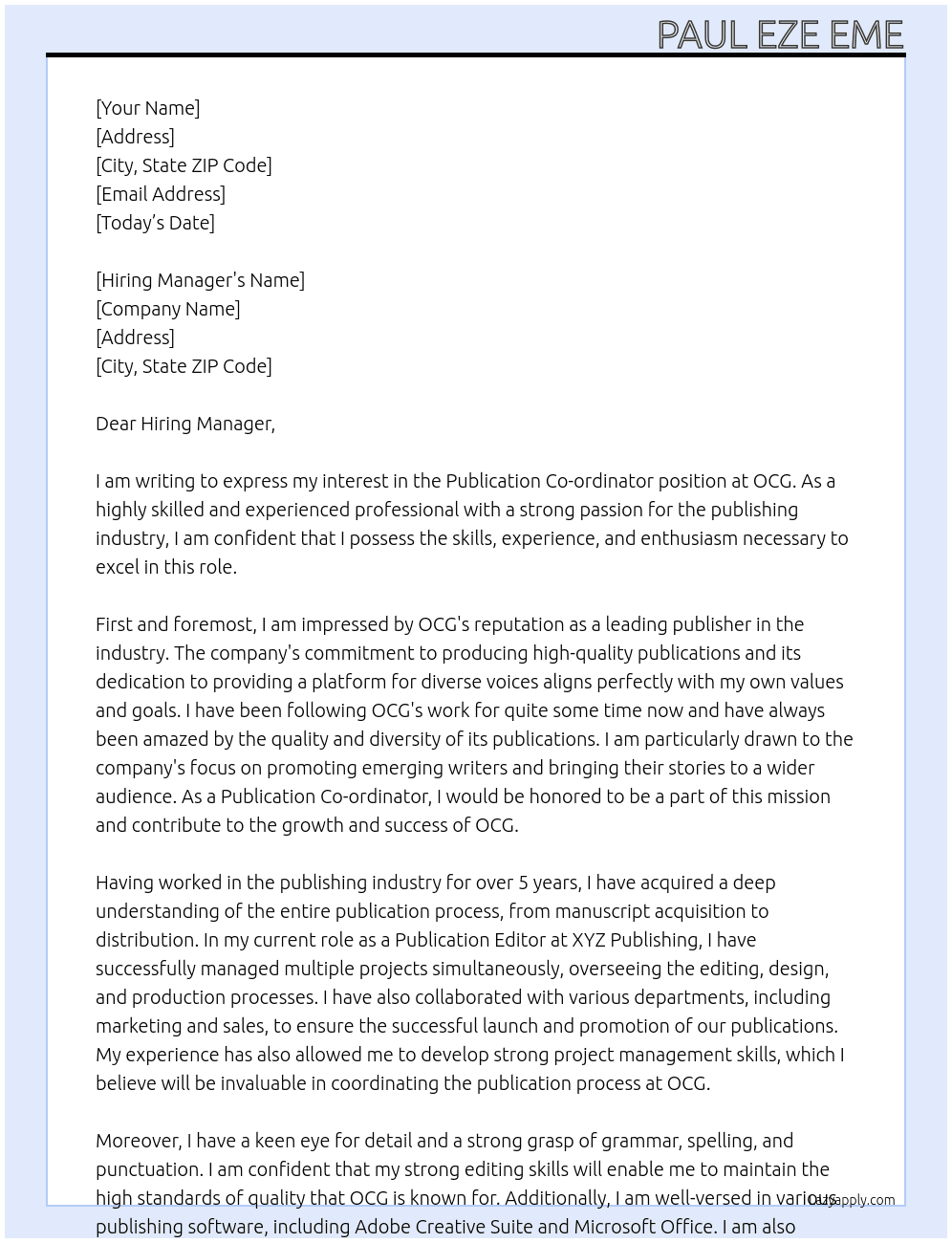 Publication Co-ordinator At OCG Cover Letter