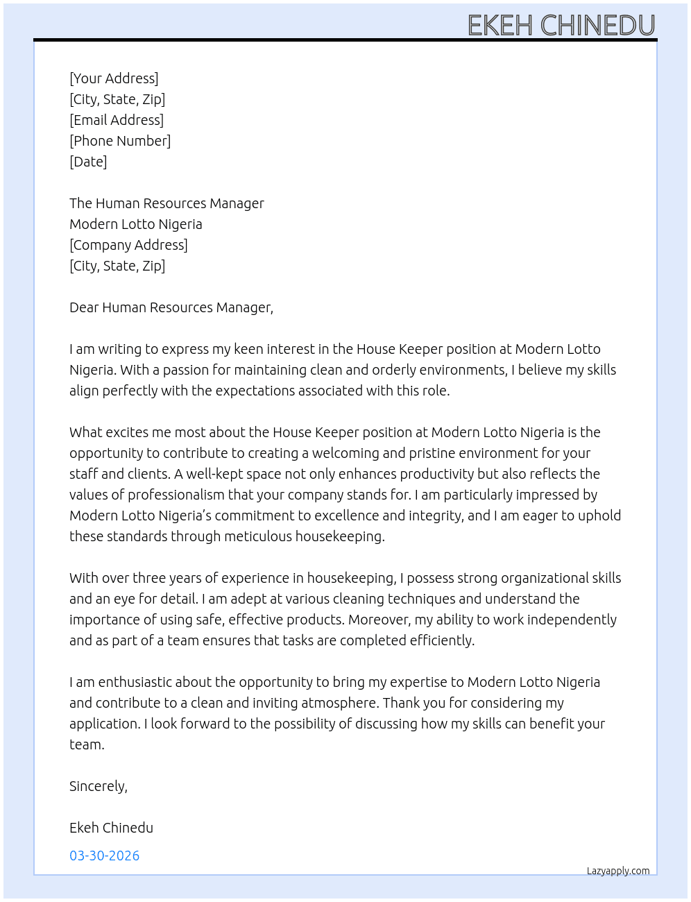 Cover letter for house keeper - LazyApply