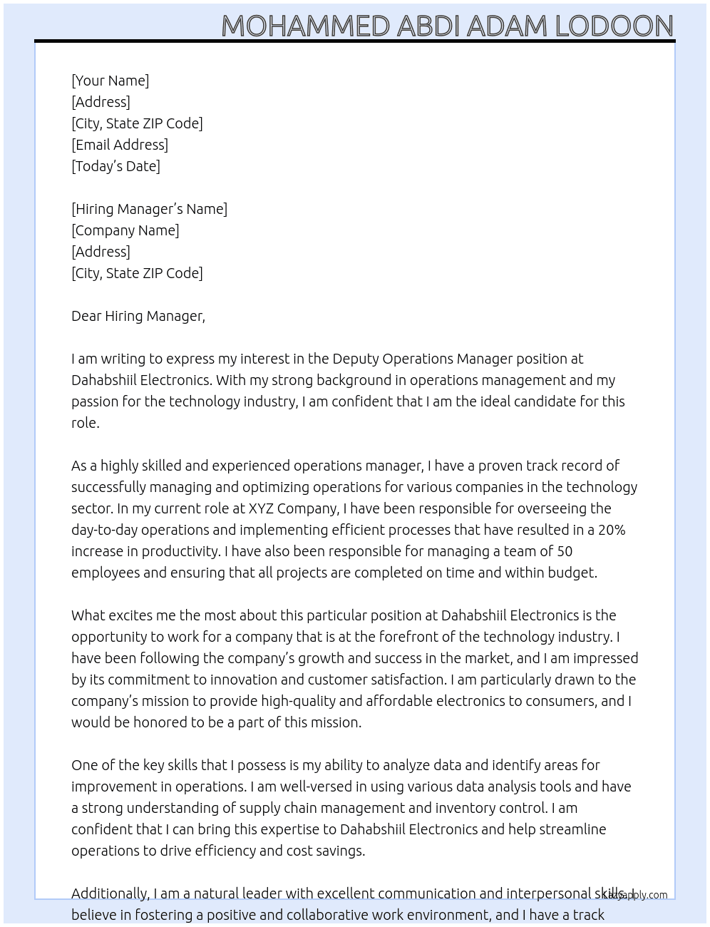 Deputy Operations Manager At Dahabshiil Electronics Cover Letter